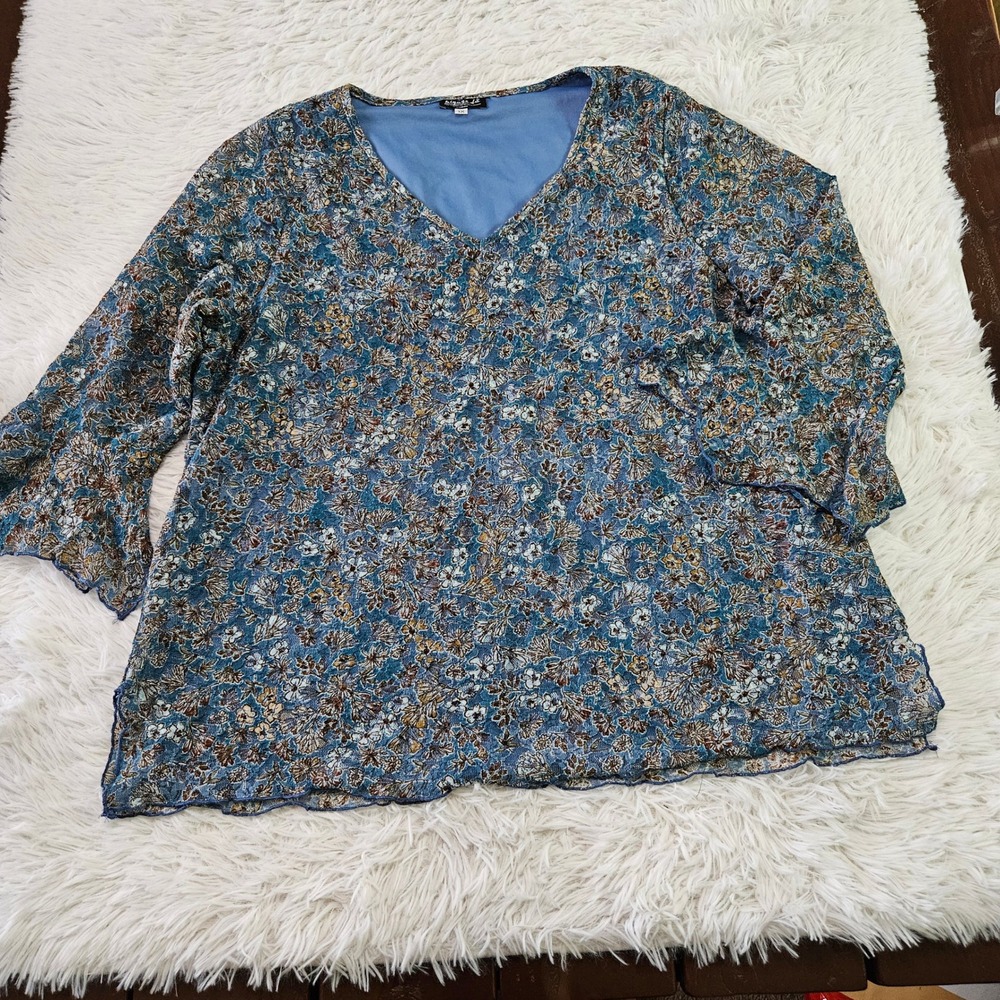 BIYAYCDA Womens Y2k Blue Floral Mesh Whimsygoth V-Neck Bell Sleeve Blouse Sz 1X